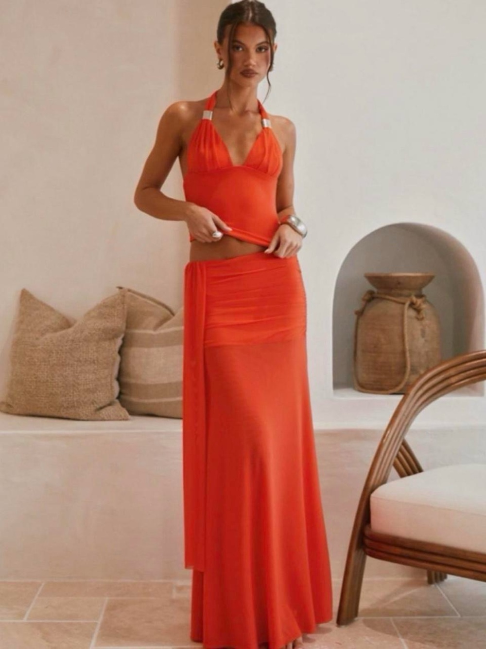 Peppermayo Sunburst Halter Maxi Dress in Bright Orange